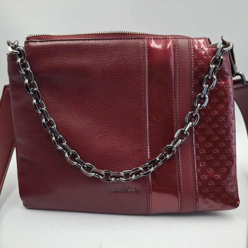 Calvin Klein Crossbody Bag Burgundy Wine Mixed Media Embossed CK Logo Chain